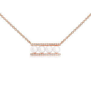 Pearl and Diamond Bar Necklace Rose Gold