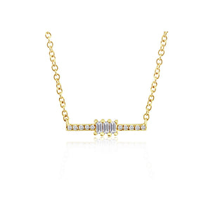 Baguette and Round Diamond Bar Necklace Yellow Gold