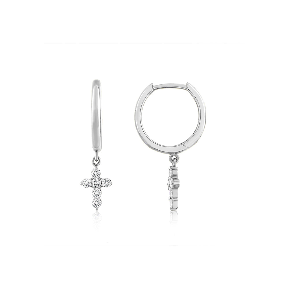 Diamond Cross Hoop Earrings White Gold