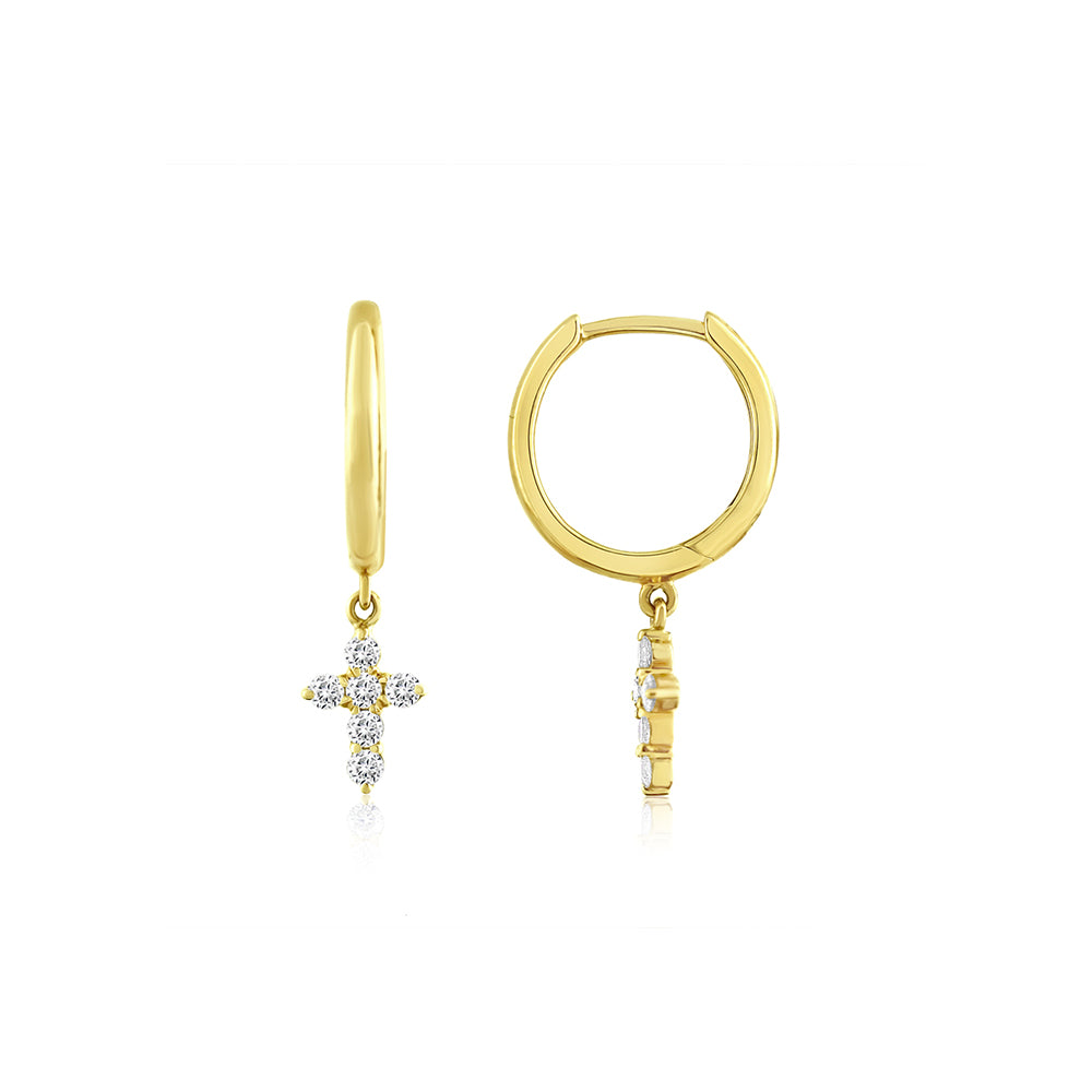 Diamond Cross Hoop Earrings Yellow Gold
