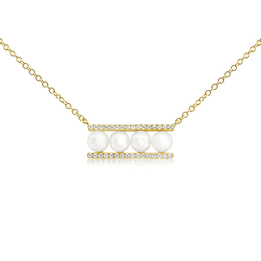 Pearl and Diamond Bar Necklace Yellow Gold