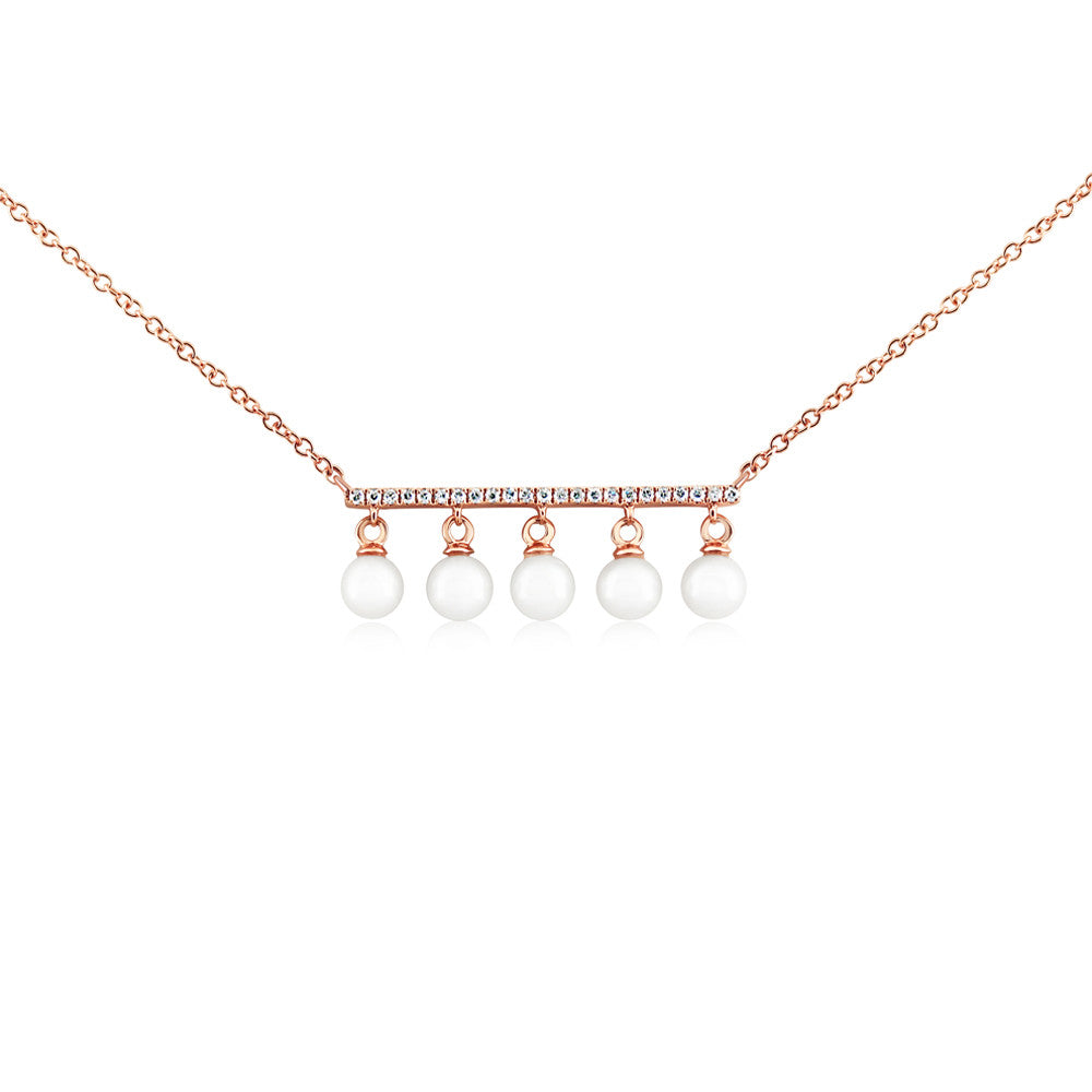 Diamond Bar and Five Pearl Necklace Rose Gold