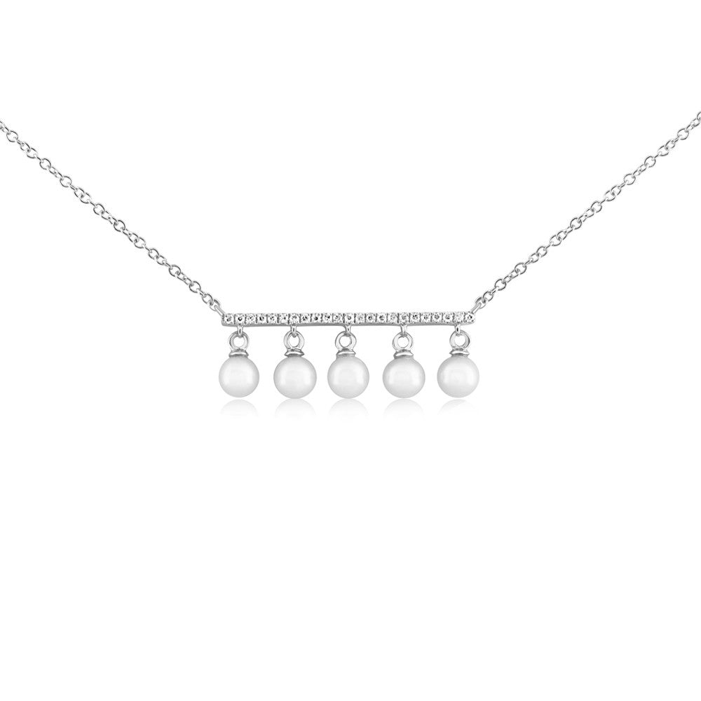 Diamond Bar and Five Pearl Necklace White Gold