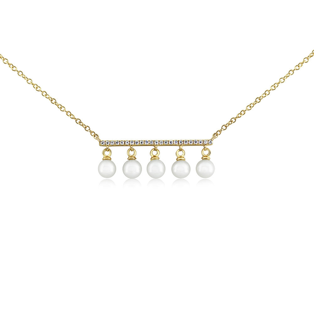 Diamond Bar and Five Pearl Necklace Yellow Gold