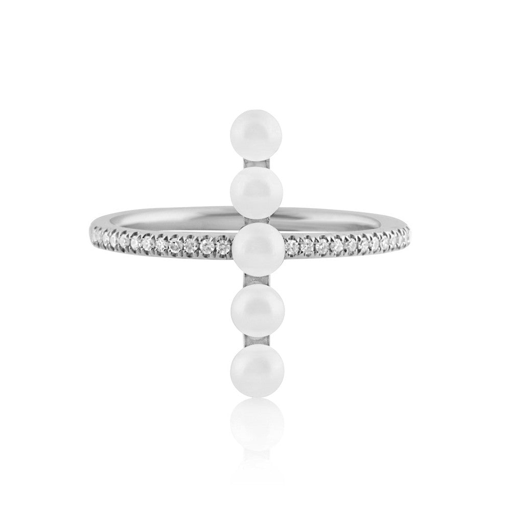 Diamond and Pearl Bar Ring White Gold