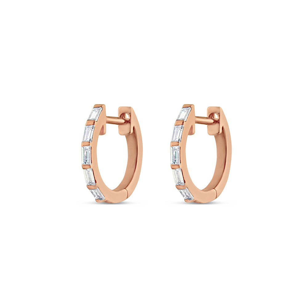 Thin Baguette Diamond Huggie Earrings Rose Gold