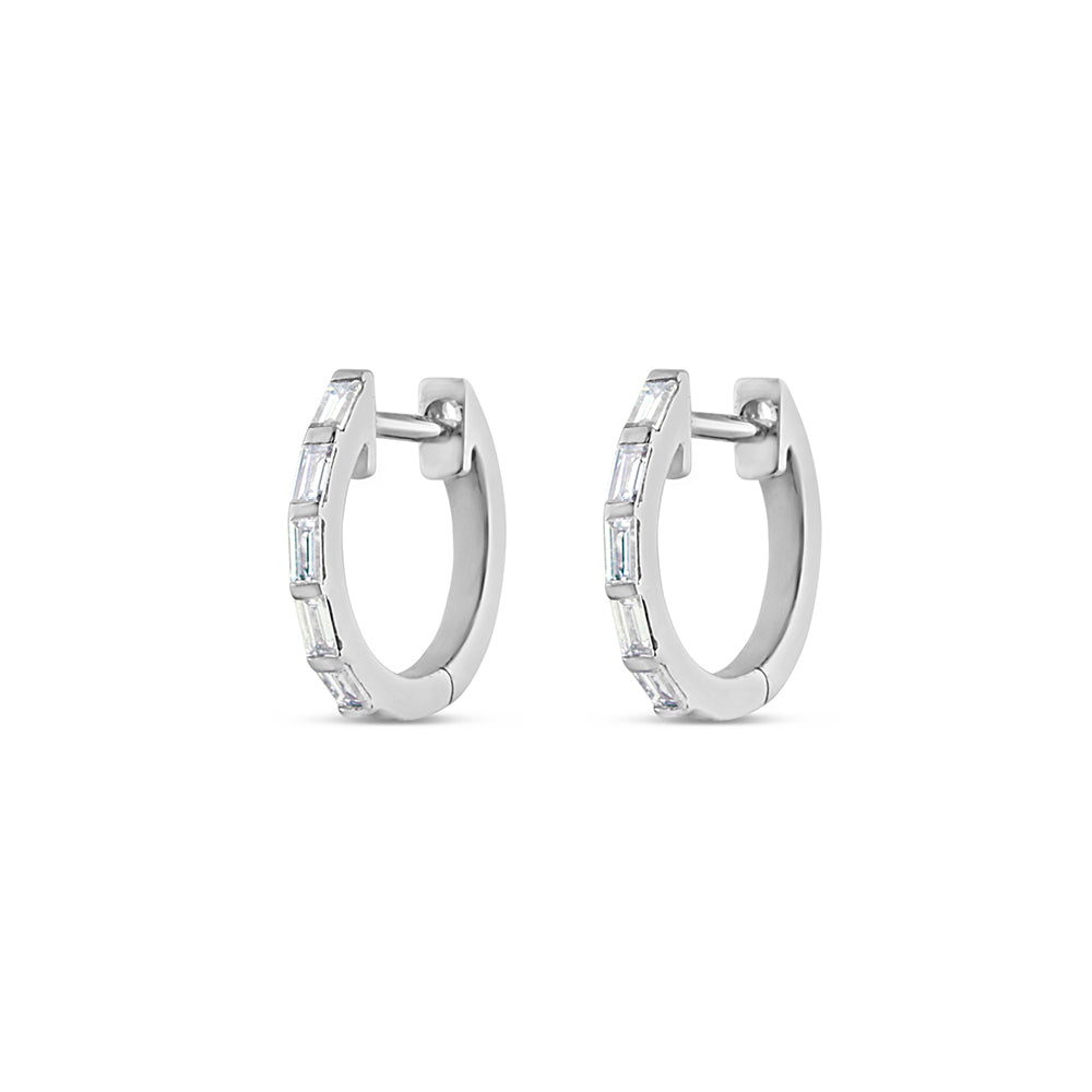 Thin Baguette Diamond Huggie Earrings White Gold