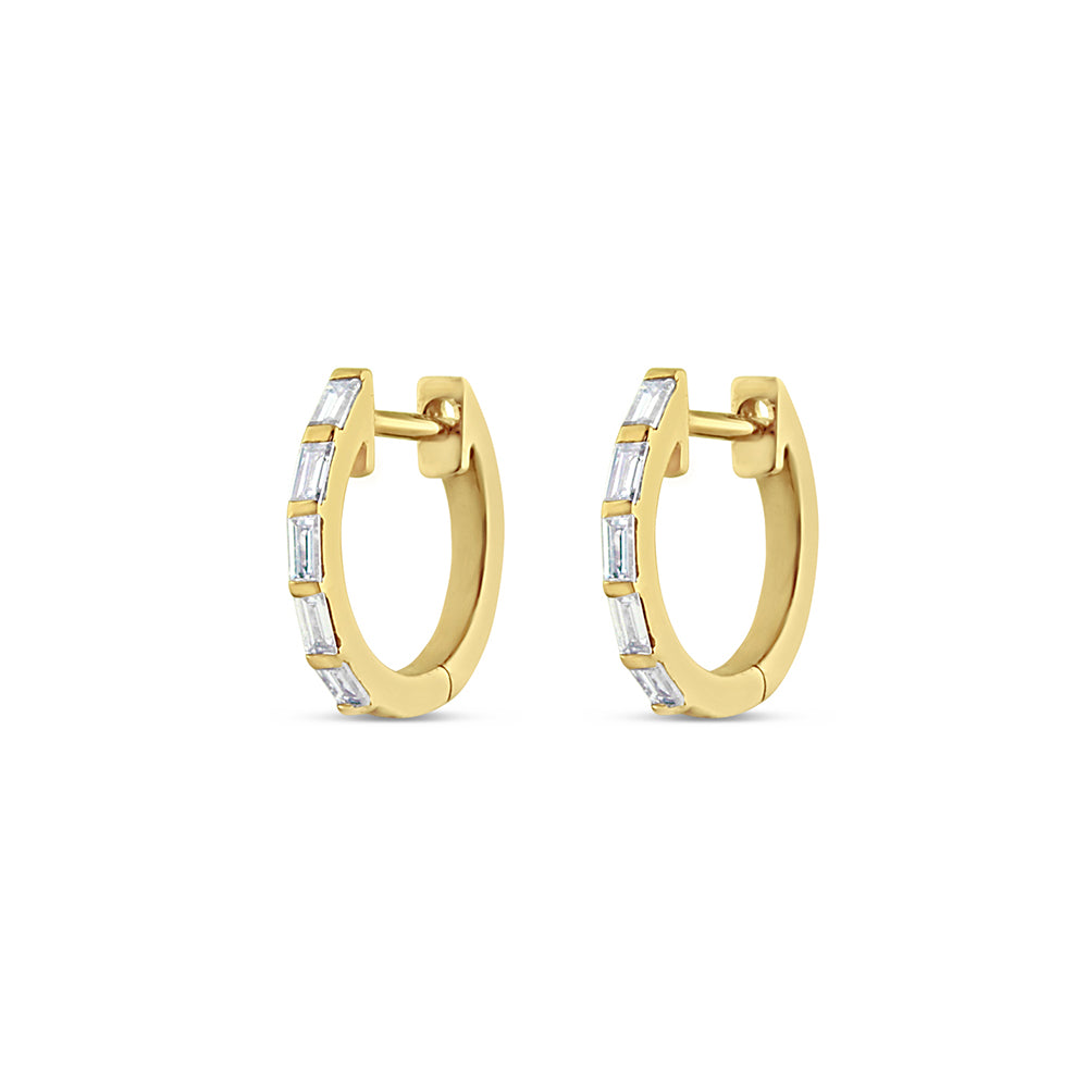 Thin Baguette Diamond Huggie Earrings Yellow Gold