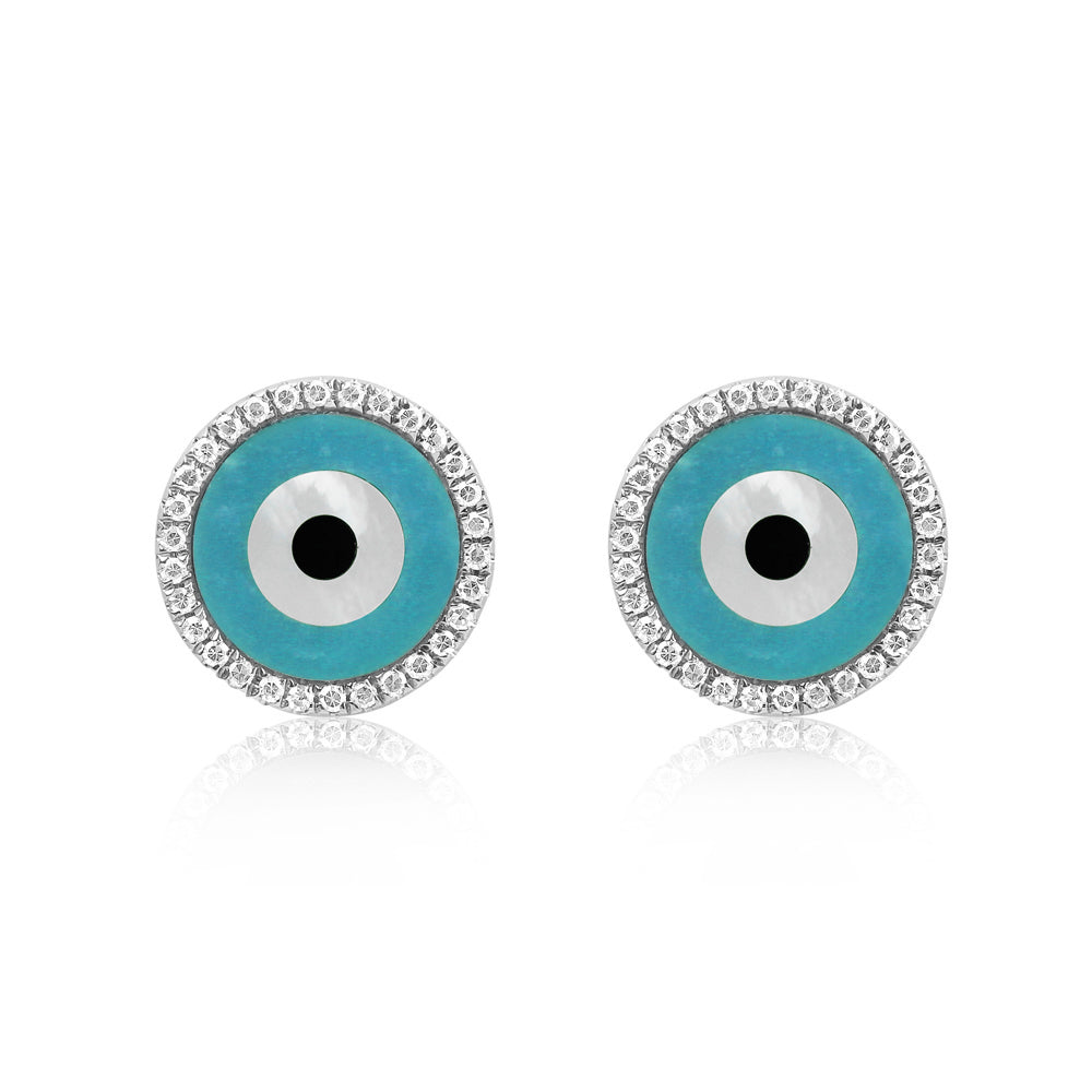 Round Evil Eye Earrings White Gold