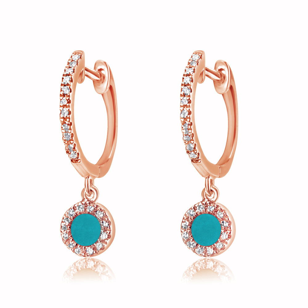 Diamond and Turquoise Disc Huggie Earrings Rose Gold