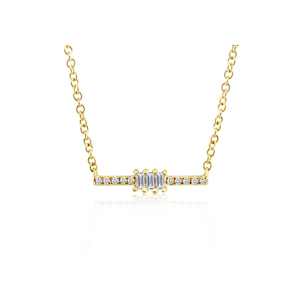 Baguette and Round Diamond Bar Necklace Yellow Gold