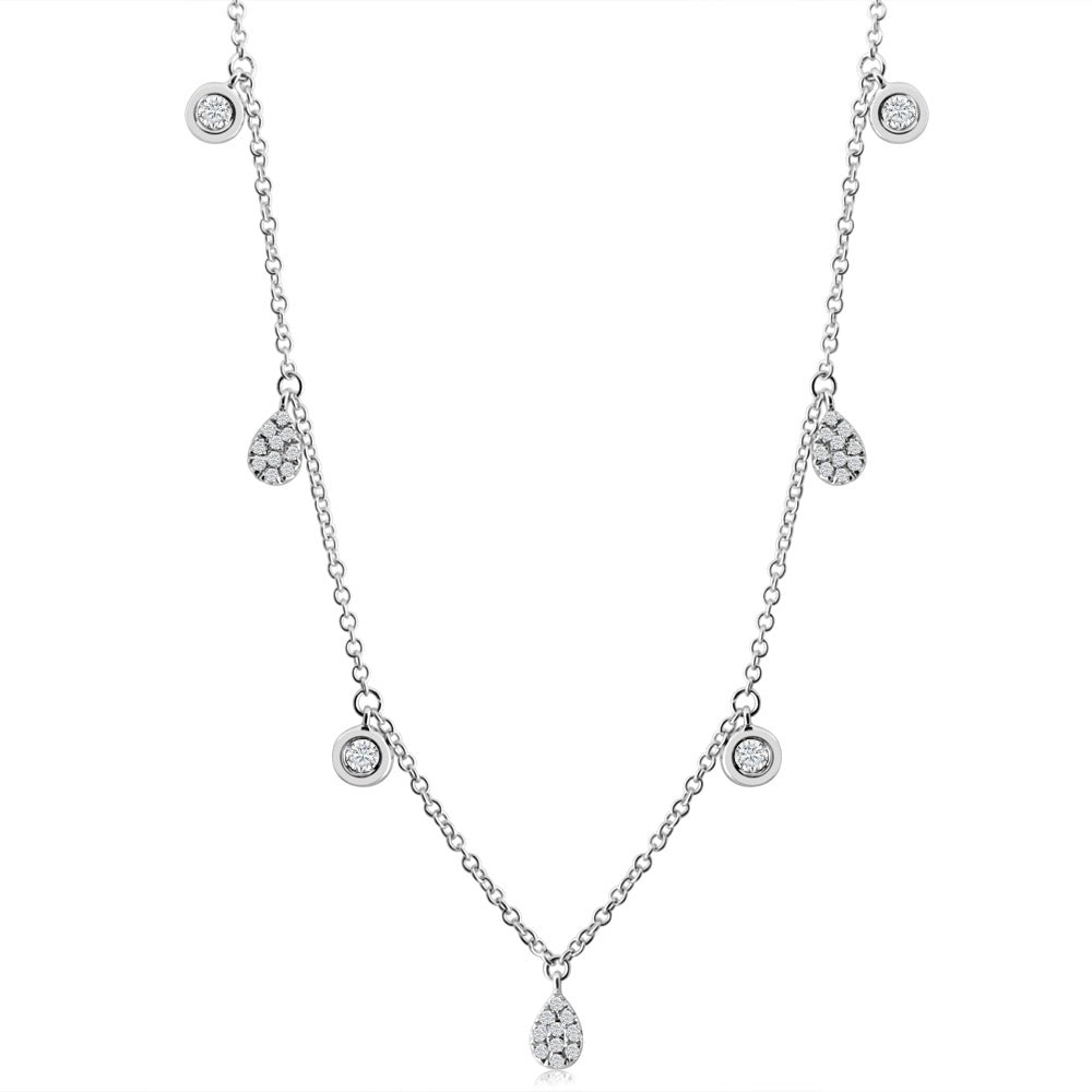 Diamond Drops and Bezel Diamond Necklace White Gold