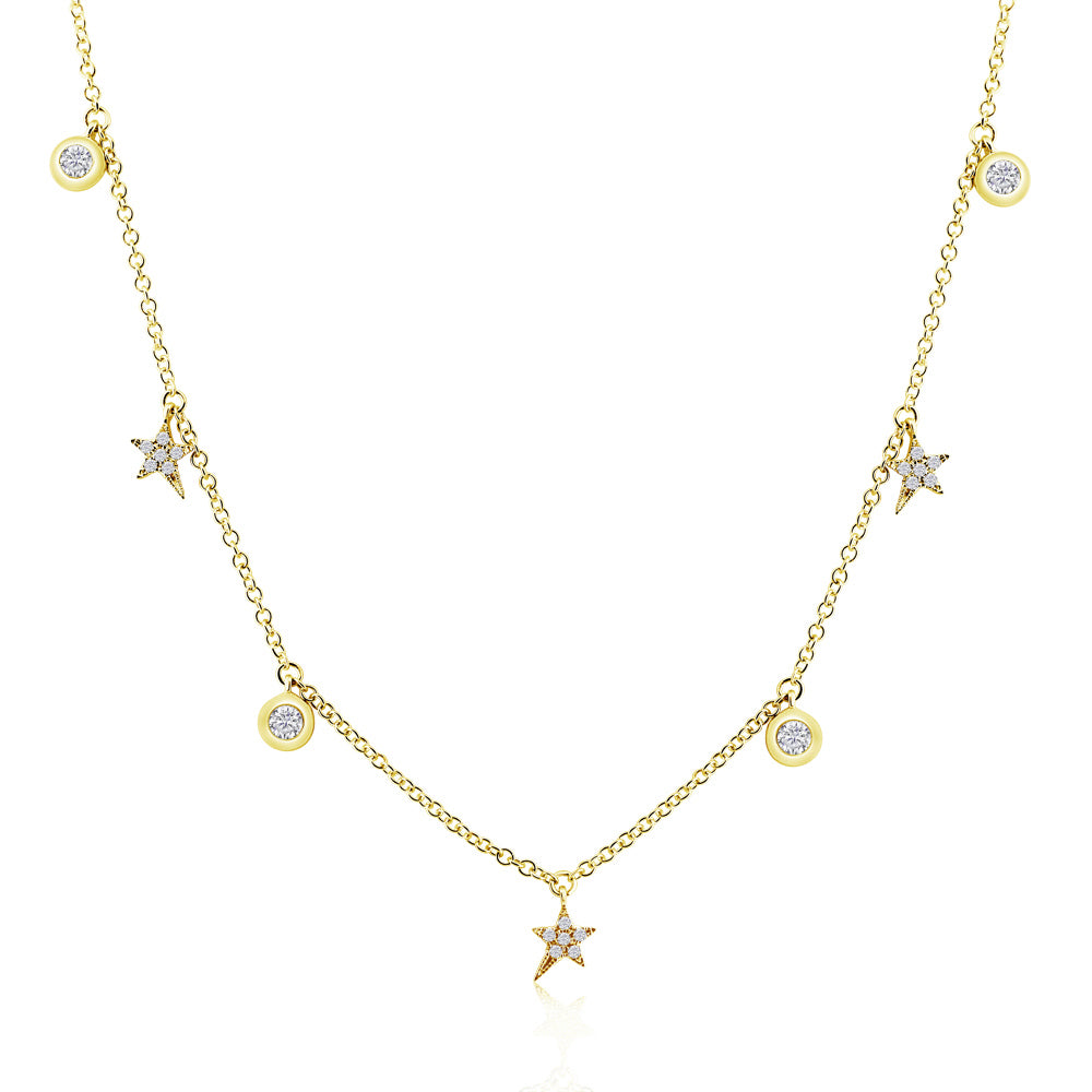 Diamond Shooting Stars and Bezel Diamond Necklace Yellow Gold