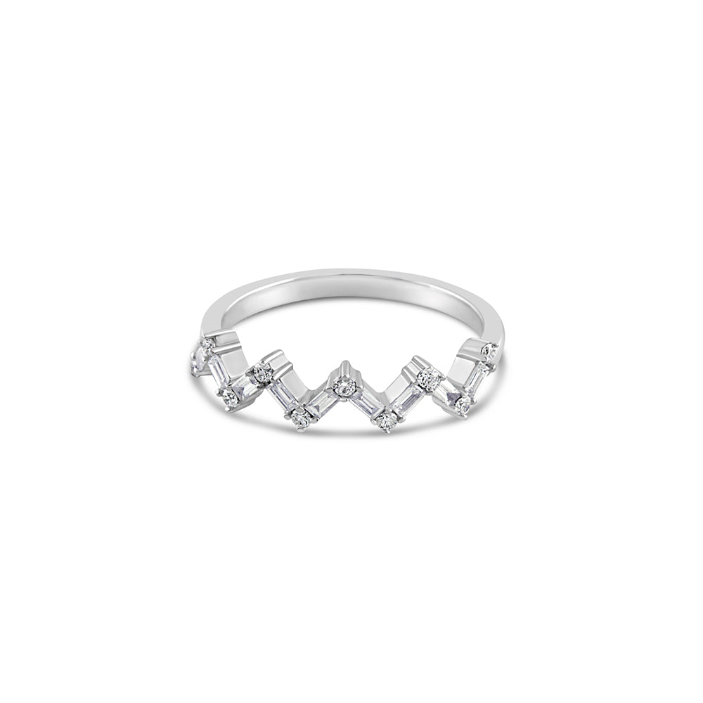Baguette and Round Diamond Zig Zag Ring White Gold