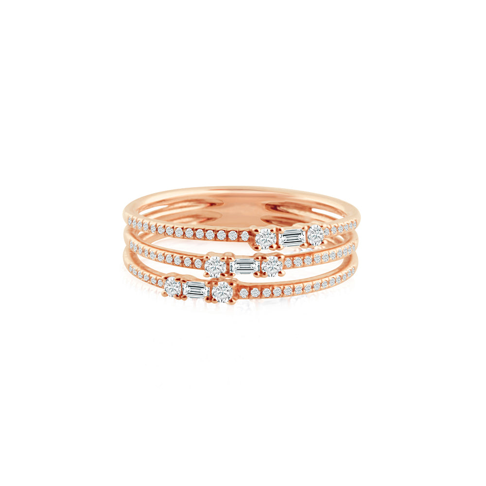 Baguette and Round Diamond Three Band Ring Rose Gold