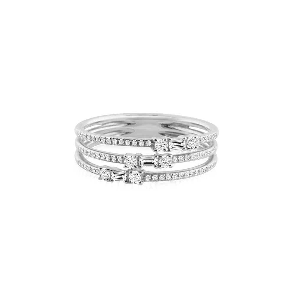Baguette and Round Diamond Three Band Ring White Gold