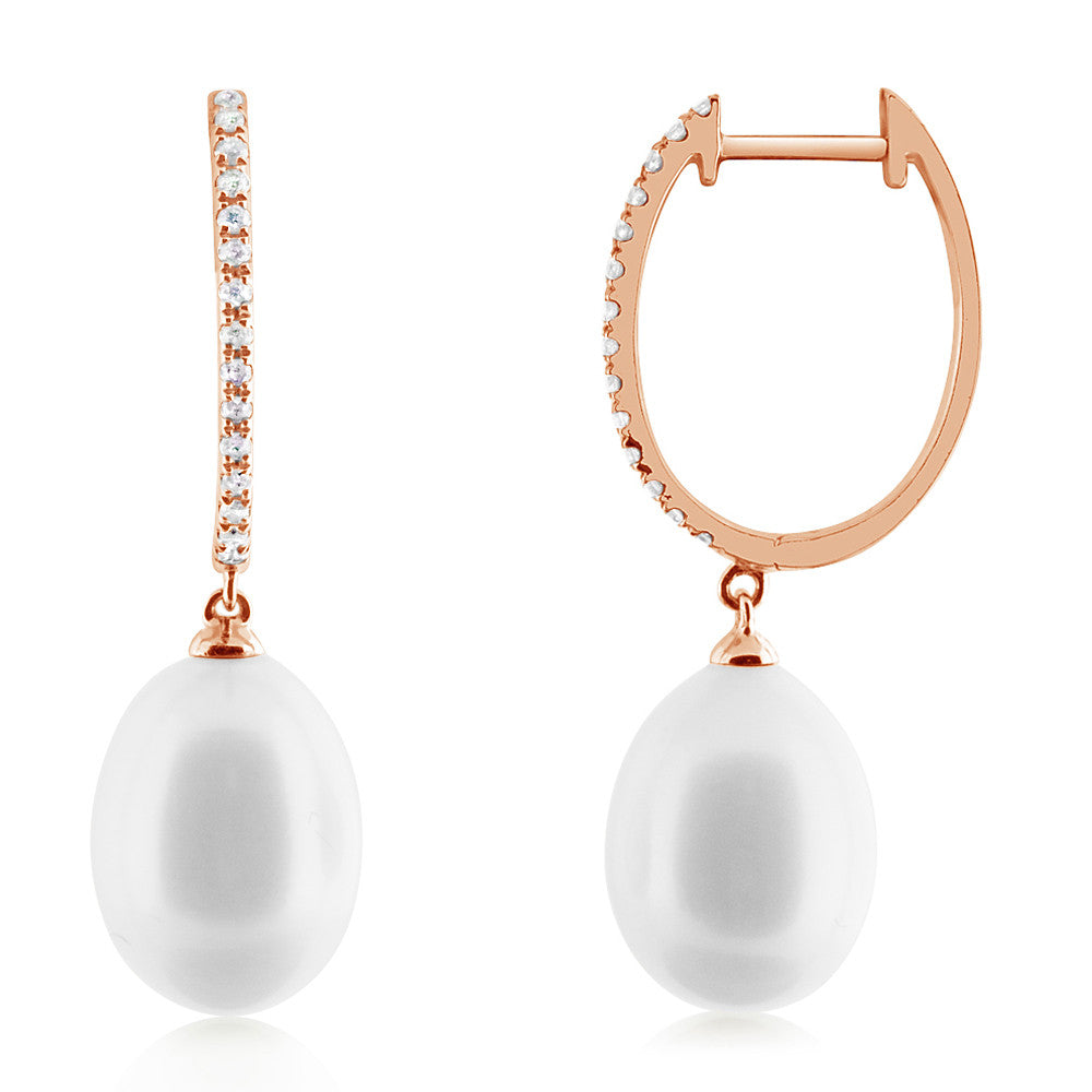 Pearl and Diamond Hoop Earrings Rose Gold
