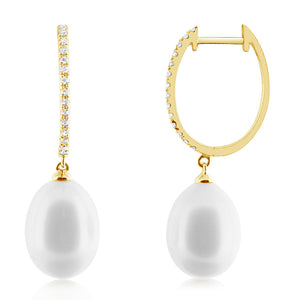 Pearl and Diamond Hoop Earrings Yellow Gold