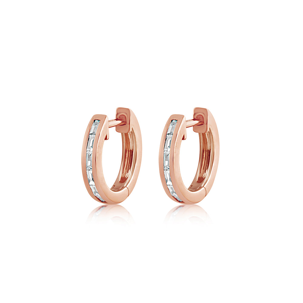 Baguette Diamond Huggie Earrings Rose Gold