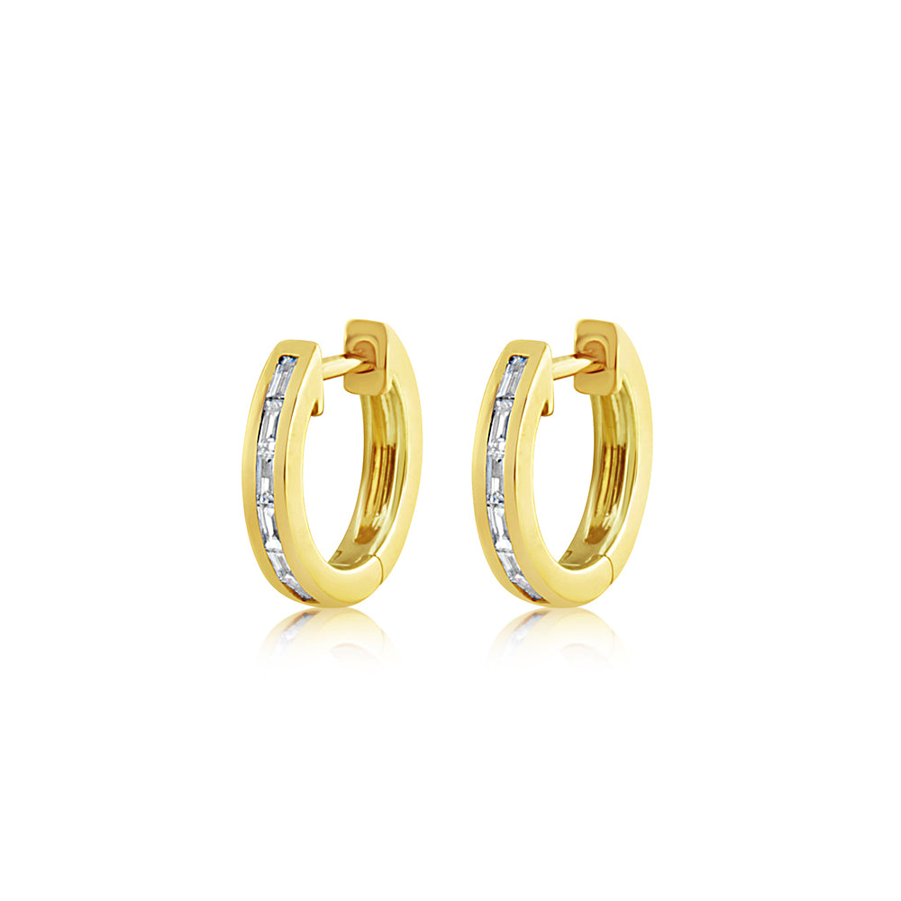 Baguette Diamond Huggie Earrings Yellow Gold