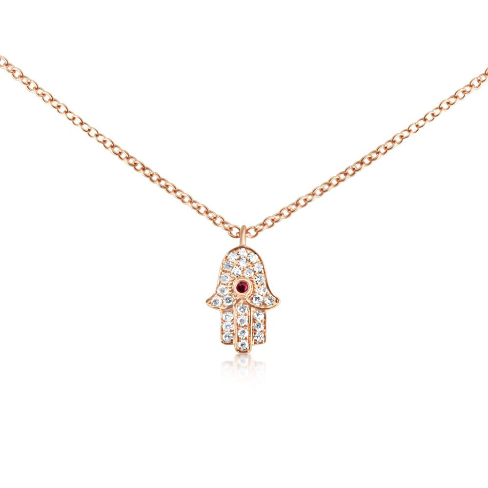 Ruby and Diamond Hamsa Necklace Rose Gold