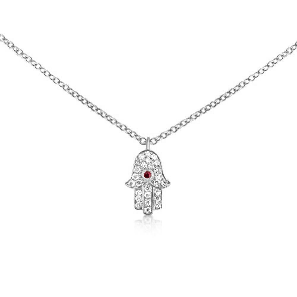 Ruby and Diamond Hamsa Necklace White Gold